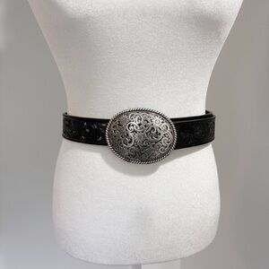 Tony Lama Ladies Pierced Filigree Black Trophy Belt Size 36 Leather Silver Plate